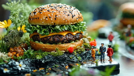 creative food art with miniature figures beside a large burger