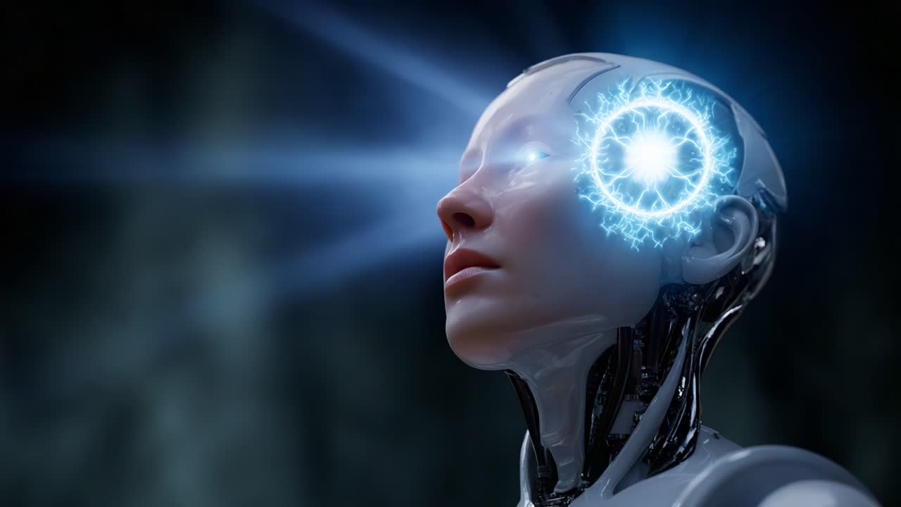 Futuristic humanoid robot with advanced neural processing technology, showcasing a glowing sphere of energy emanating from its head, symbolizing artificial intelligence's potential