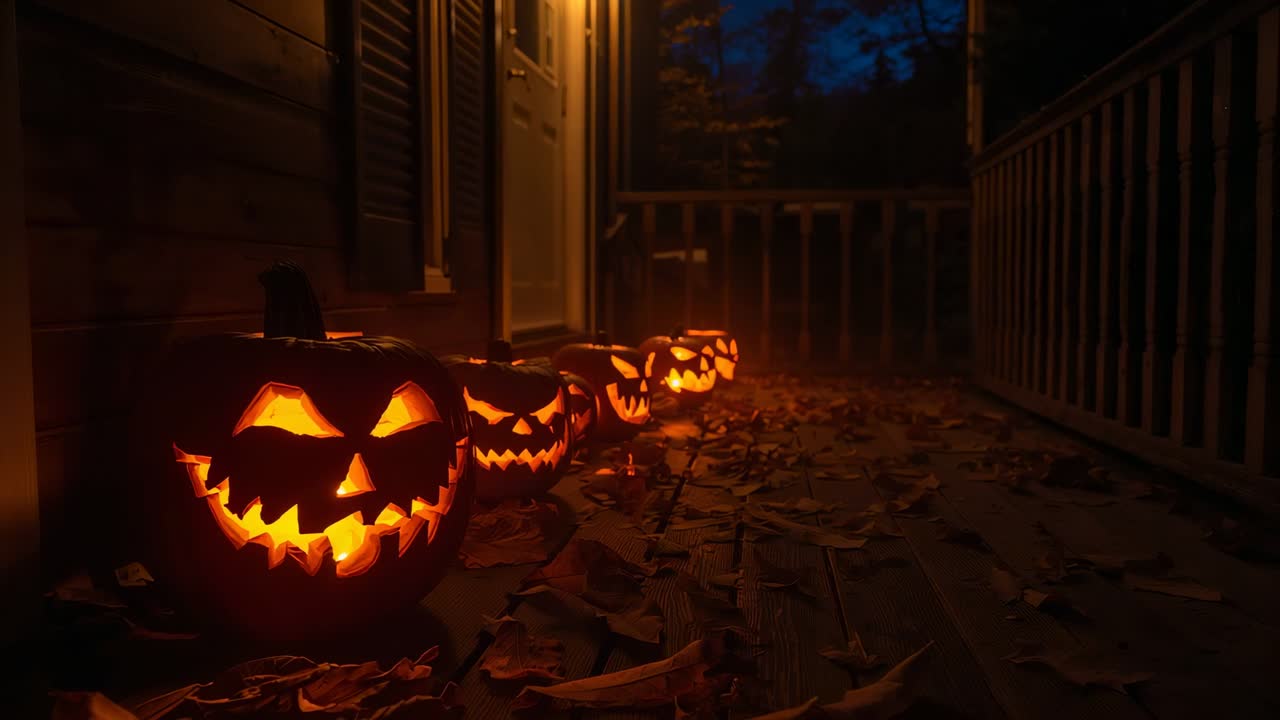 Glowing carved pumpkins flickering with candle flames on porch at dusk, with breeze shifting leaves