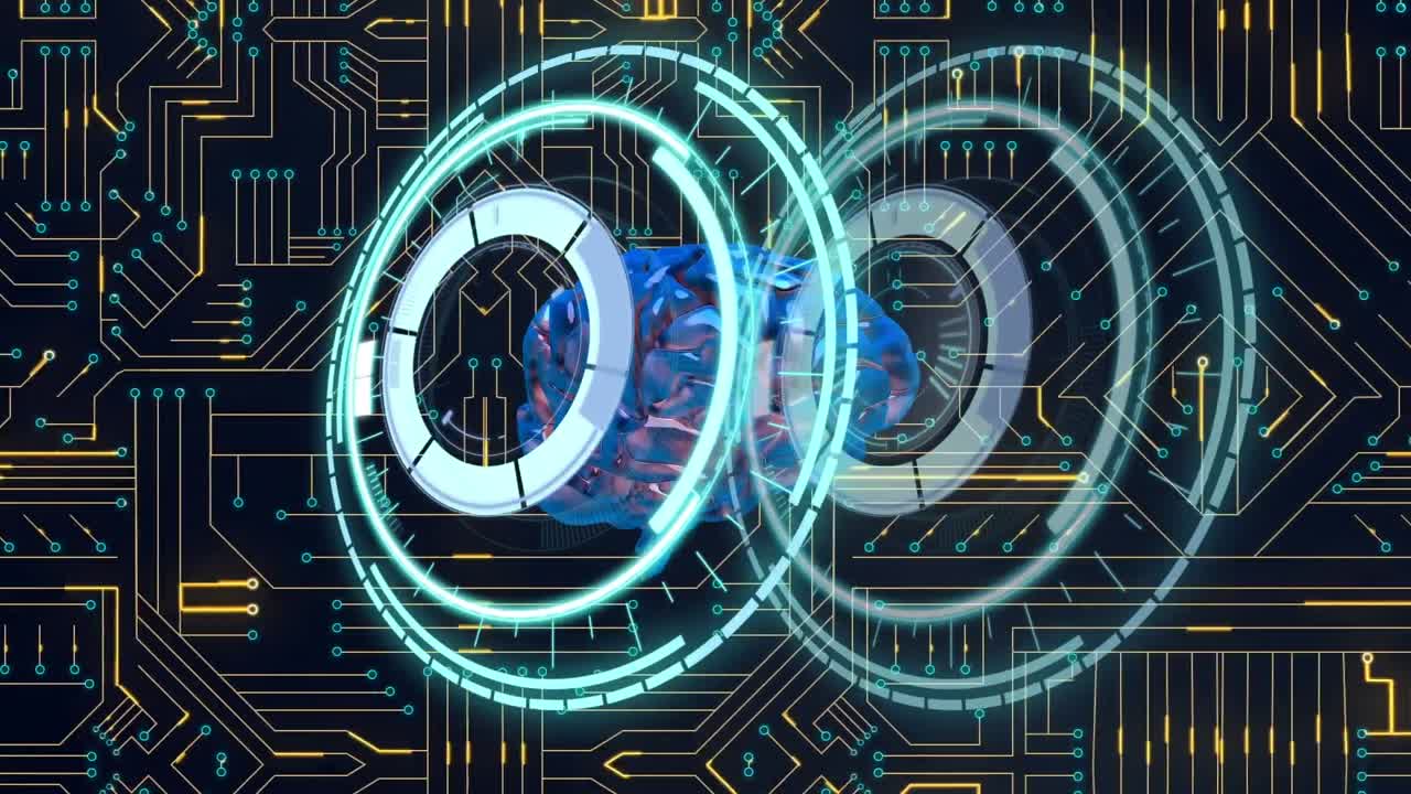 Animation of scope scanning over digital brain and computer circuit board