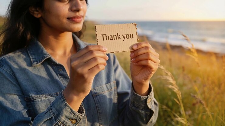 Holding torn card reading Thank you, woman in denim shirt raising it at shoreline showing gratitude