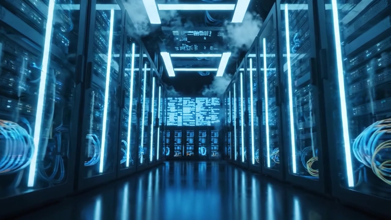 A High-Tech Server Room Showcase Featuring Servers Illuminated with Blue Light, Cable Connections, and Digital Screens Displaying Vital Data in a Modern Data Center Environment