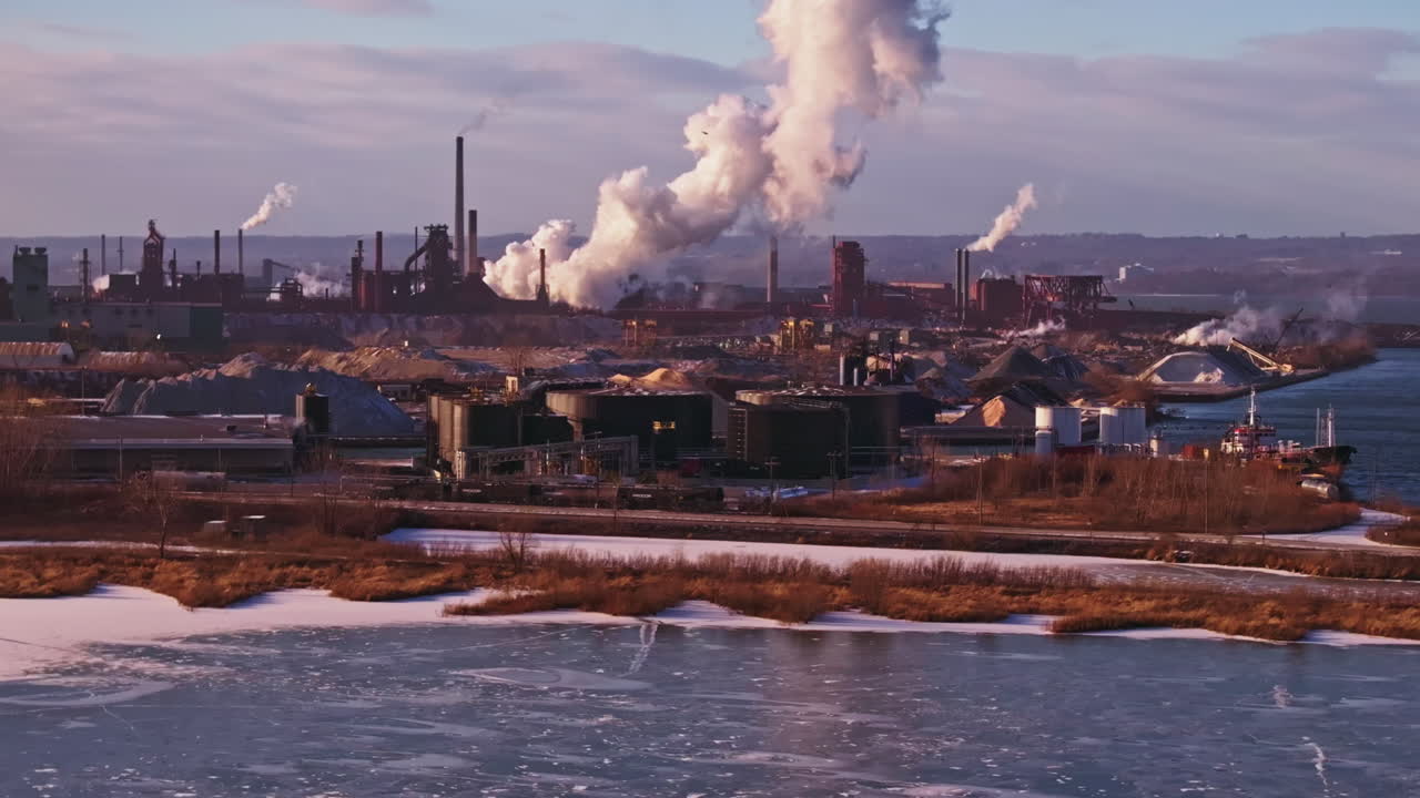 Winter industrial landscape with smokestacks and frozen river, late afternoon light, wide shot