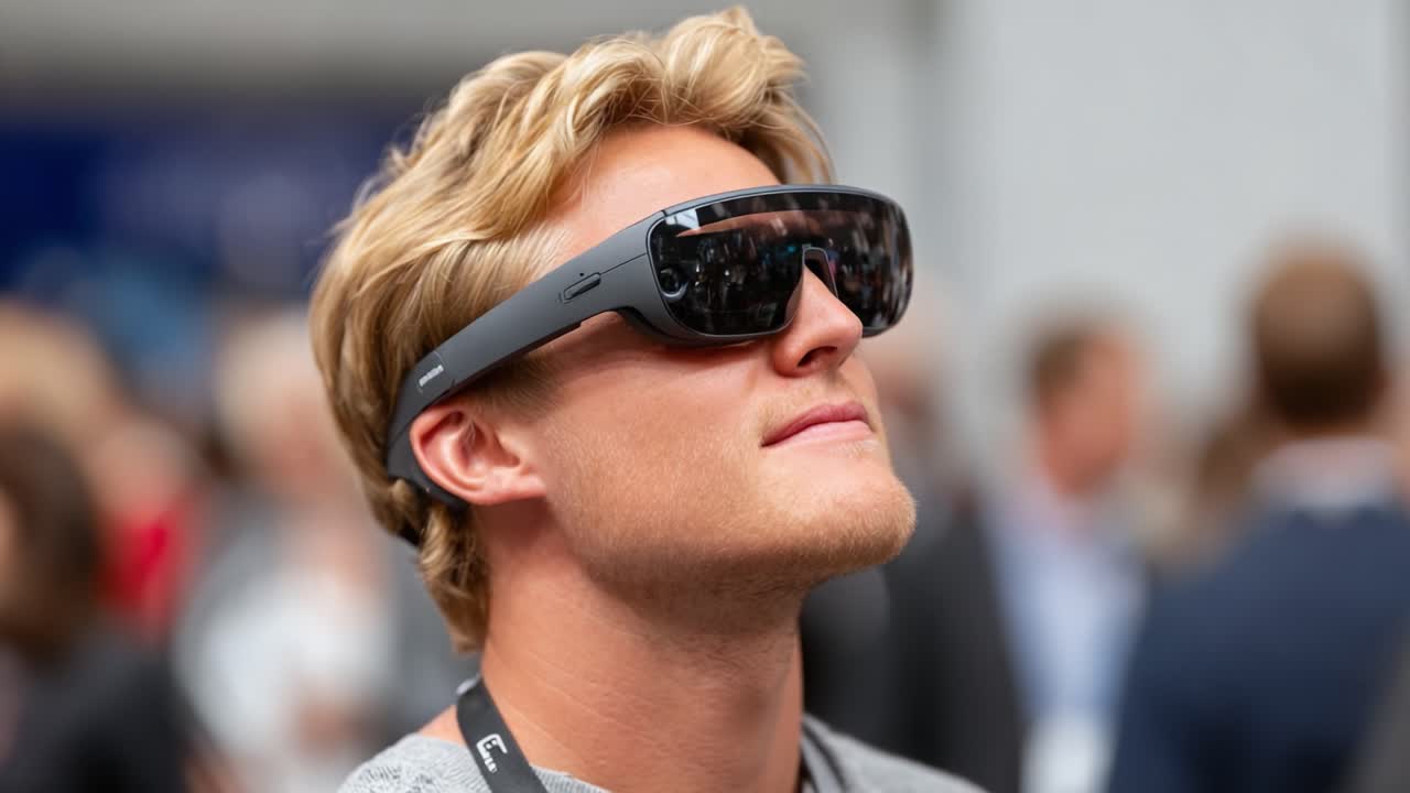 A Young Man Experiments with Advanced Augmented Reality Glasses While Surrounded by a Crowded Event Setting, Highlighting Modern Technology and Innovation