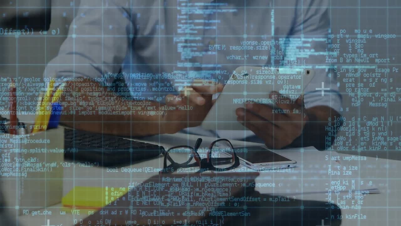 Data processing over grid lines against mid section of man using digital tablet