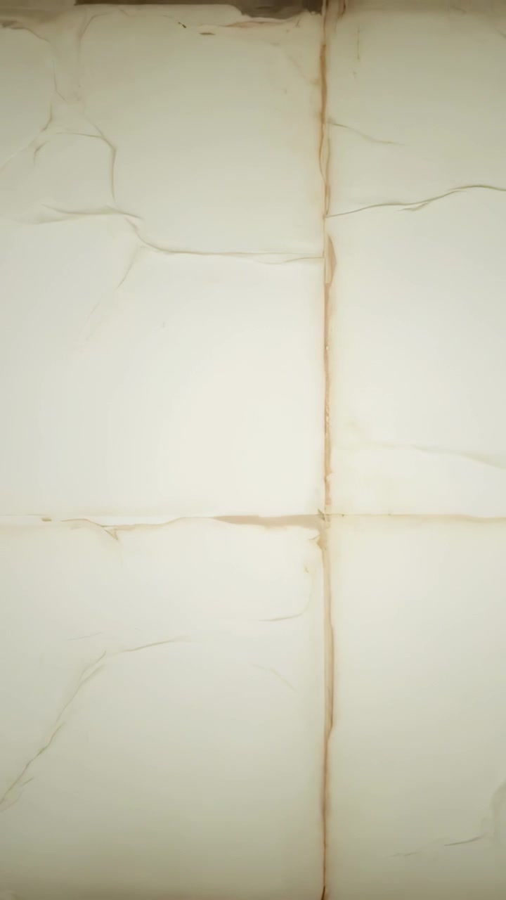 Vertical video: Tilting cam upward revealing cream tiles with grout stains showing top edge indoors