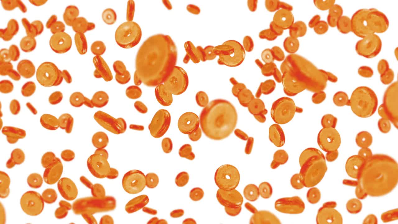 색 배경에 많은 평평한 도을 날아. 도 케이크, 과자, 디저트. 도 회전의 3d 애니메이션. 루프 애니메이션.