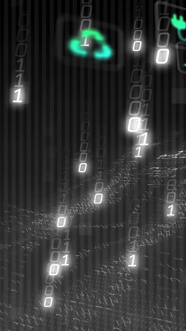 Vertical video: Green node rising as data rain driving ring morphing then fading to dot line for UI