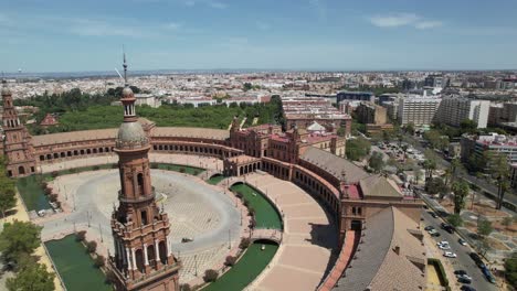 Aerial-view-of-Plaza-de-Espana---Spanish-Square---at-sunrise-in-Seville,-Spain