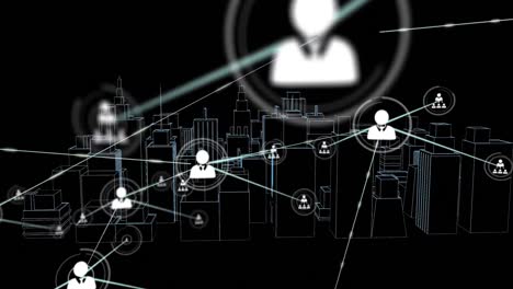 animation of networks of connections with icons over 3d city drawing spinning on black background