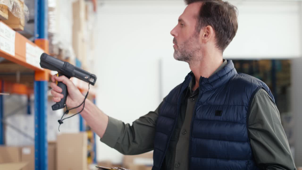 Adult caucasian man working in warehouse.