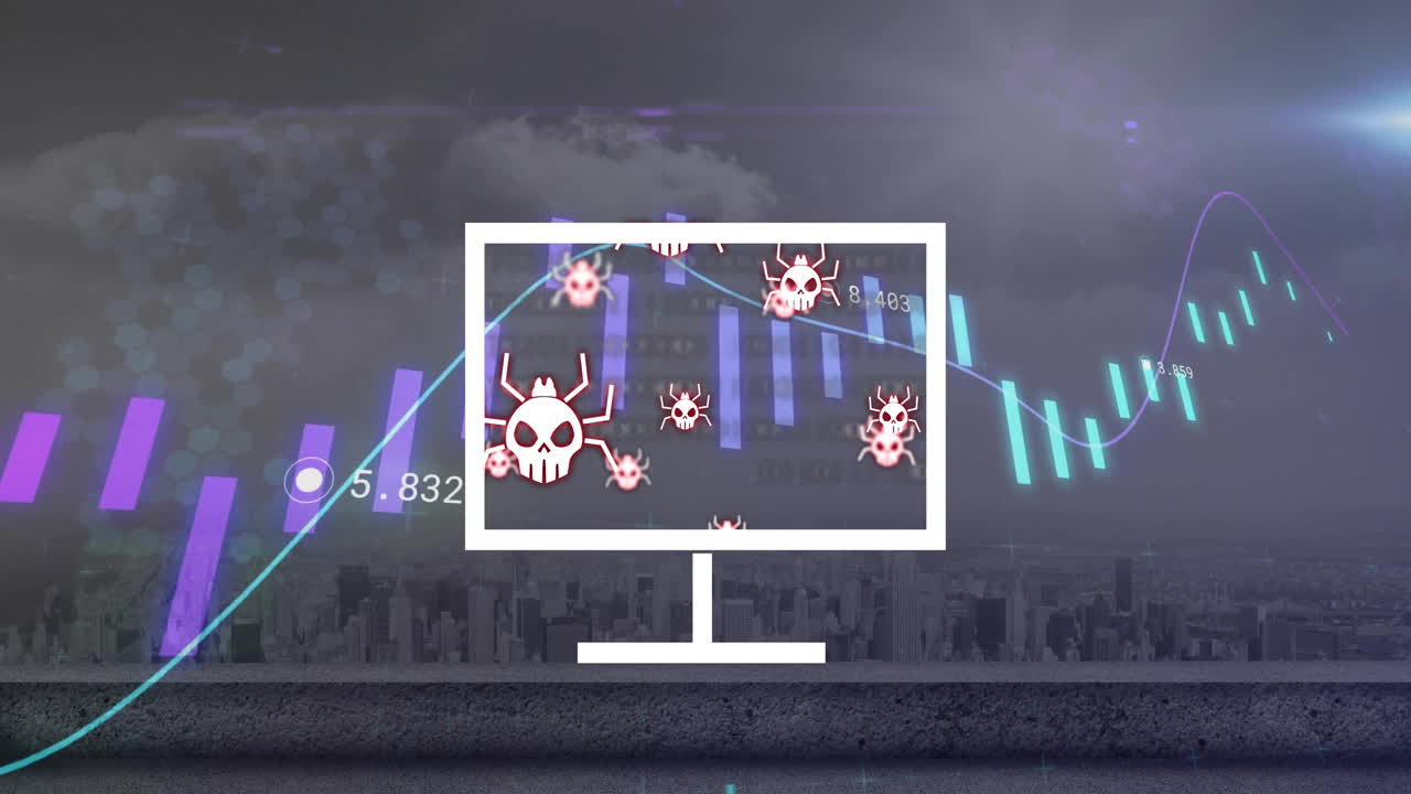 Computer virus icons animation over financial data and cityscape background