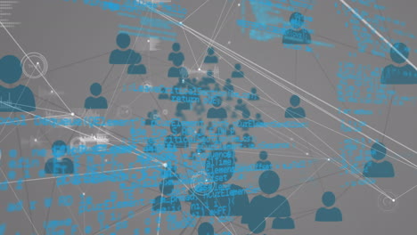animación del procesamiento de datos en pantallas y red de conexiones con personas iconos
