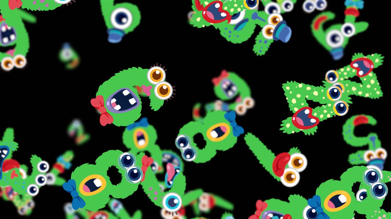 Colorful green monsters with big eyes move energetically against a black background, creating a lively and whimsical atmosphere