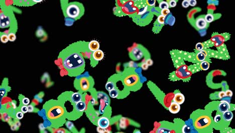 colorful green monsters with big eyes move energetically against a black background, creating a lively and whimsical atmosphere
