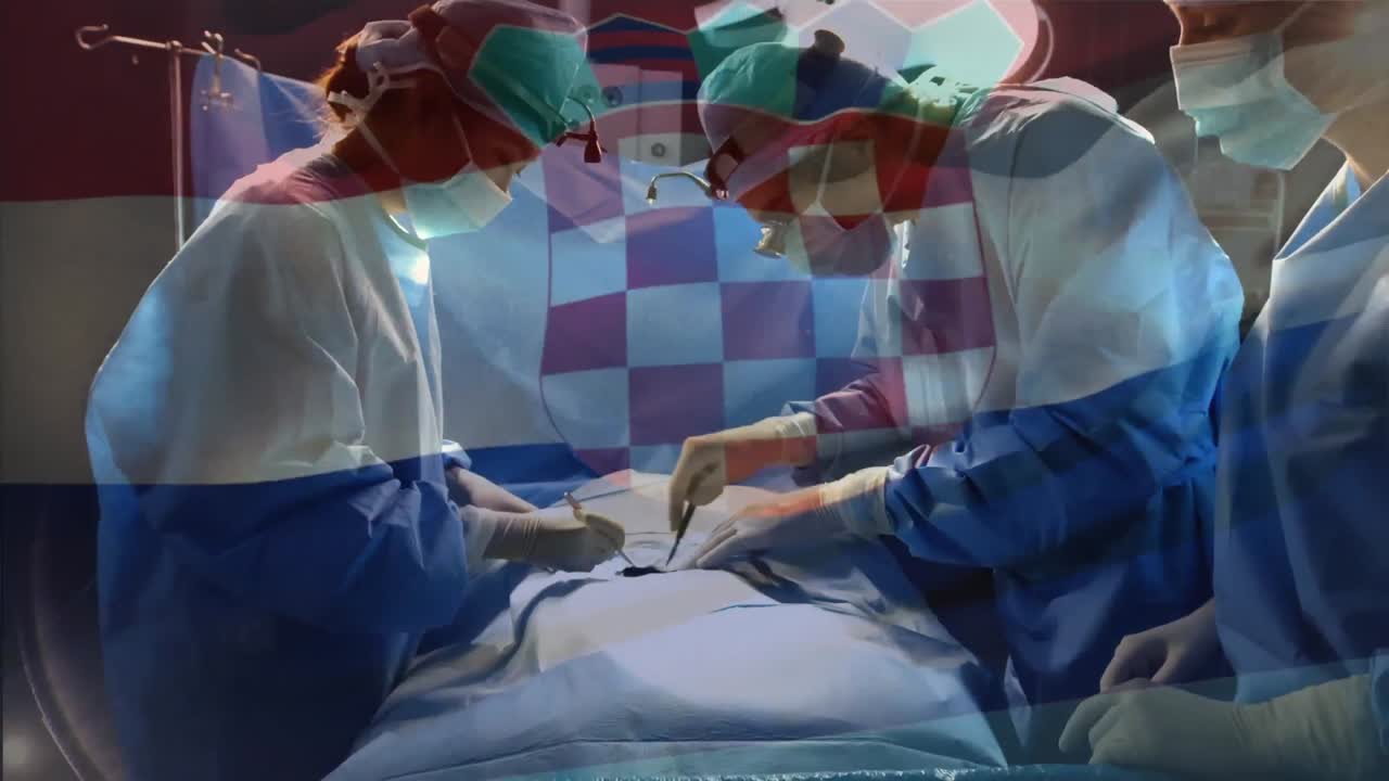 animación de la bandera de croacia ondeando sobre los cirujanos en el quirófano