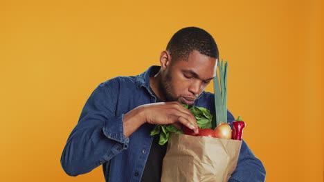 young adult examining all his fresh bio groceries to be ripe