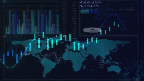 Animation-Der-Linie-Mit-Finanzdatenverarbeitung-über-Der-Weltkarte