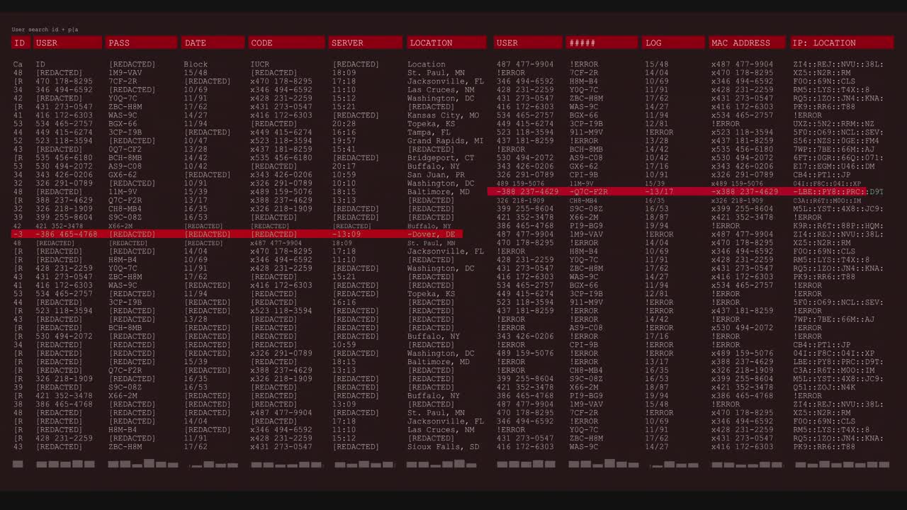 Animation of data processing on grey and red computer screen