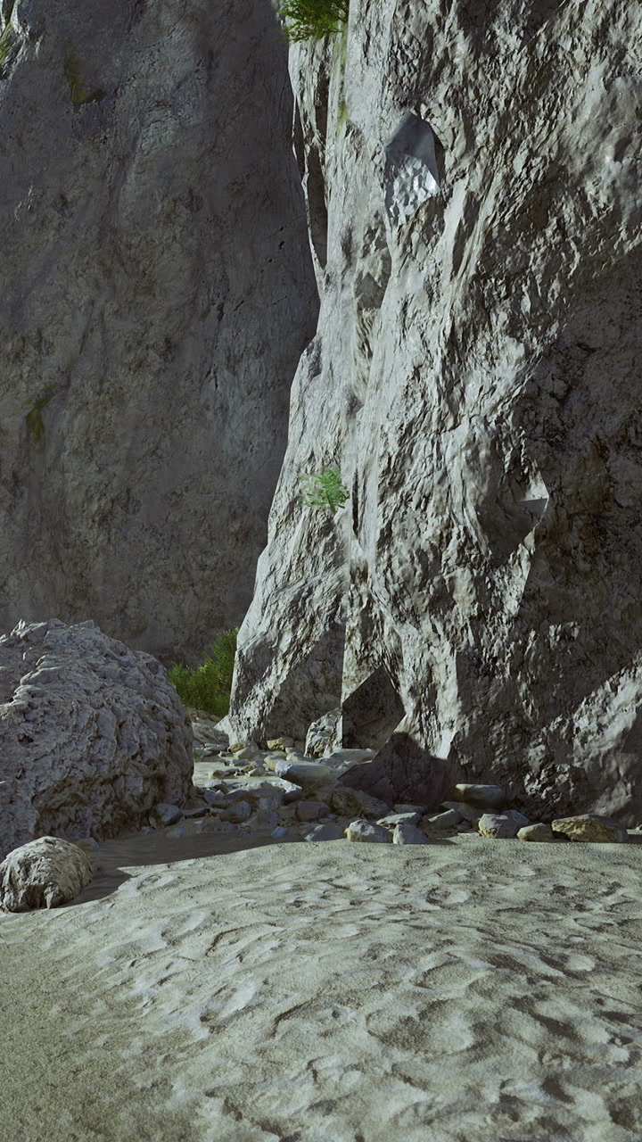 Majestic rock formations and serene sandy beach in sunlight at coastal cliffs