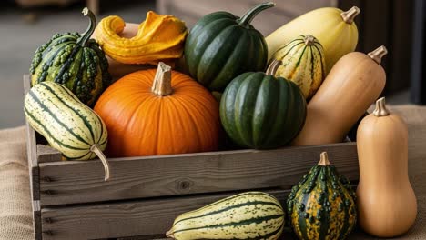 A Vibrant Assortment of Fresh Pumpkins and Gourds Arranged Elegantly in a Rustic Wooden Crate, Highlighting the Rich Colors and Textures of Autumn&#039;s Bounty