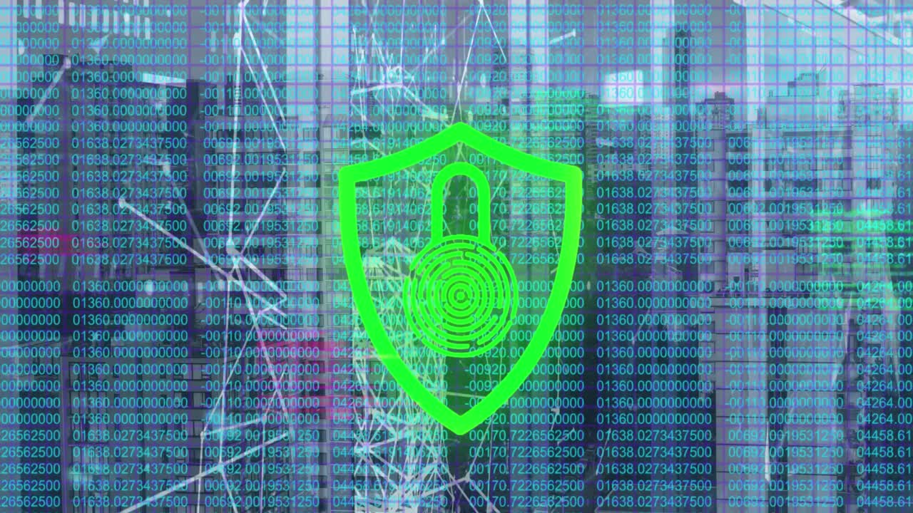 animación del icono de seguridad de neón con puntos de conexión de red, codificación contra el paisaje urbano