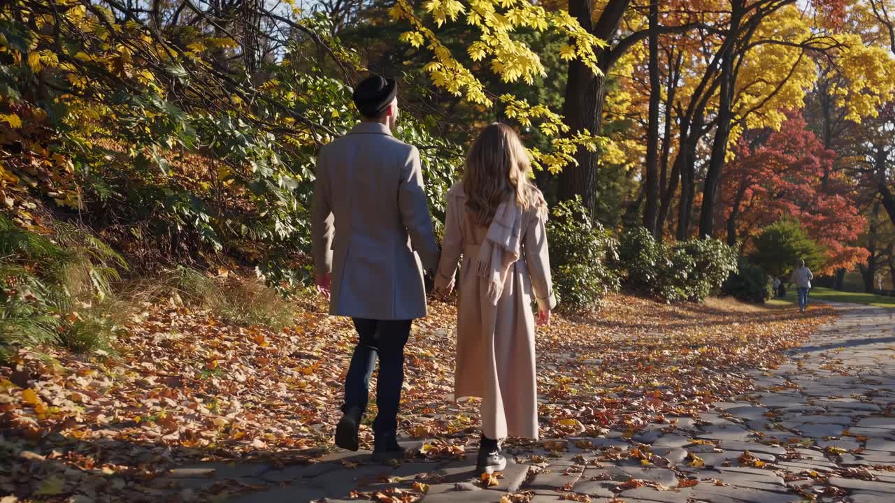 A couple walks through a park with autumn leaves, captured from a low-angle in a serene, cinematic