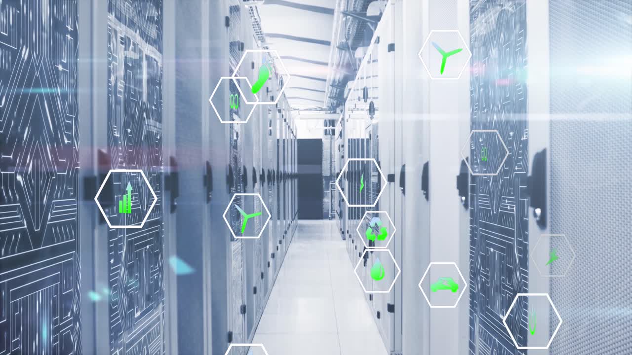 animación de múltiples iconos sobre el patrón de la placa de circuitos en los racks de servidores en la sala de servidores