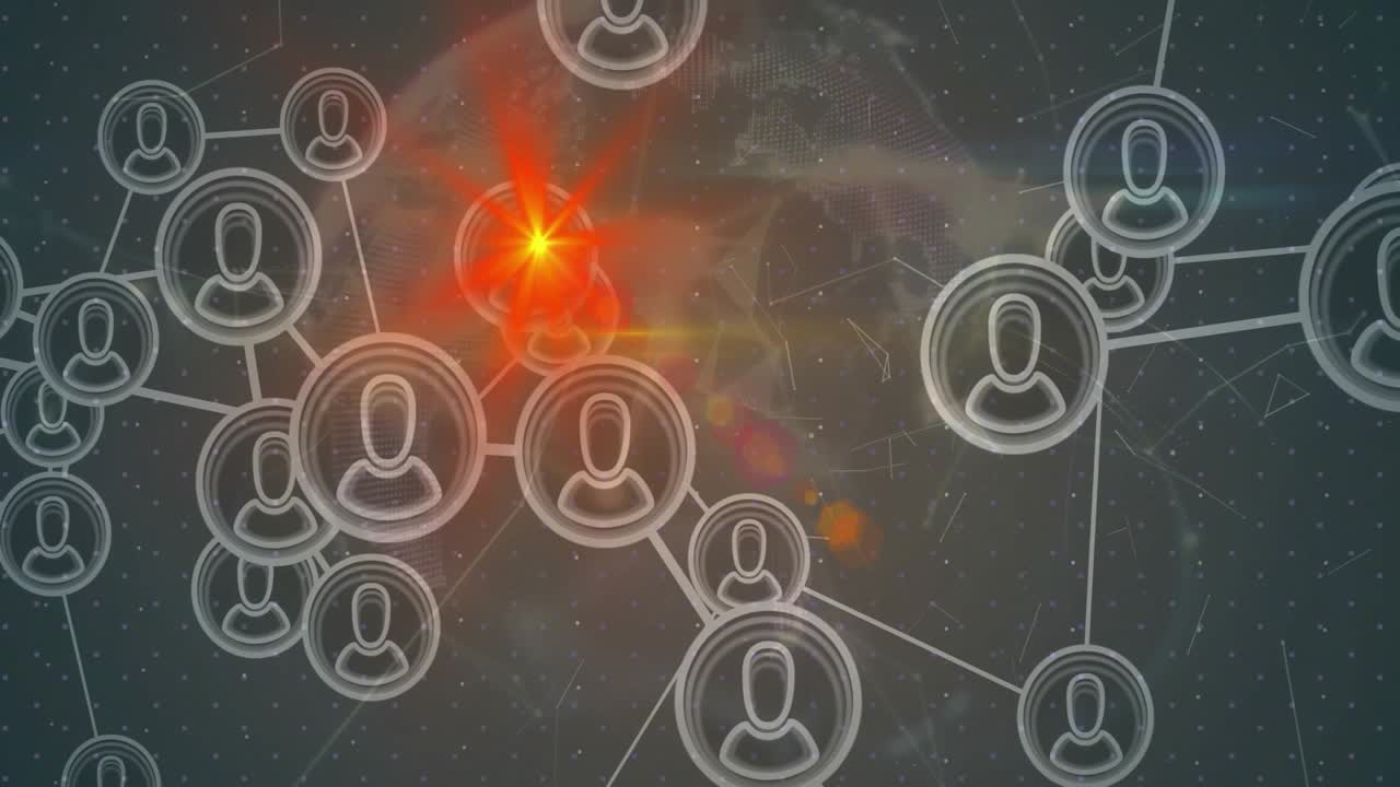 On start circles drifting across grid connecting central node pulsing red emphasizing hub