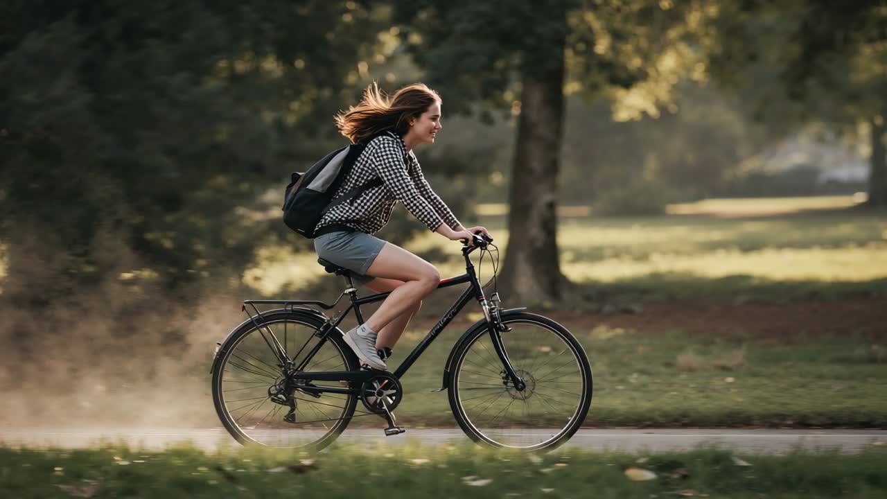 Pedaling woman on bike entering from left, riding park path with backpack and plaid shirt commuting