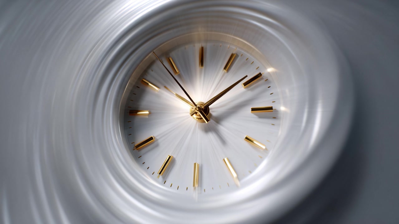 Un primo piano accattivante di un elegante quadrante d'orologio che enfatizza il passare del tempo con lancette scintillanti e sottili effetti di movimento che inducono un senso di dinamismo.