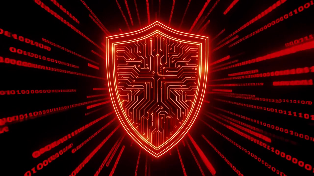 Scudo di cybersicurezza rosso luminoso con flusso di dati binari.