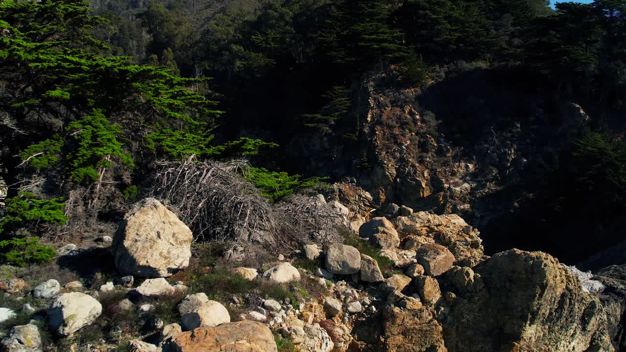 캘리포니아의 태평양 해안 고속도로 인근의 빅 서 주립 공원 (big sur state park) 의 경치 좋은 해안선에 있는 맥웨이 폭포의 드론 촬영.