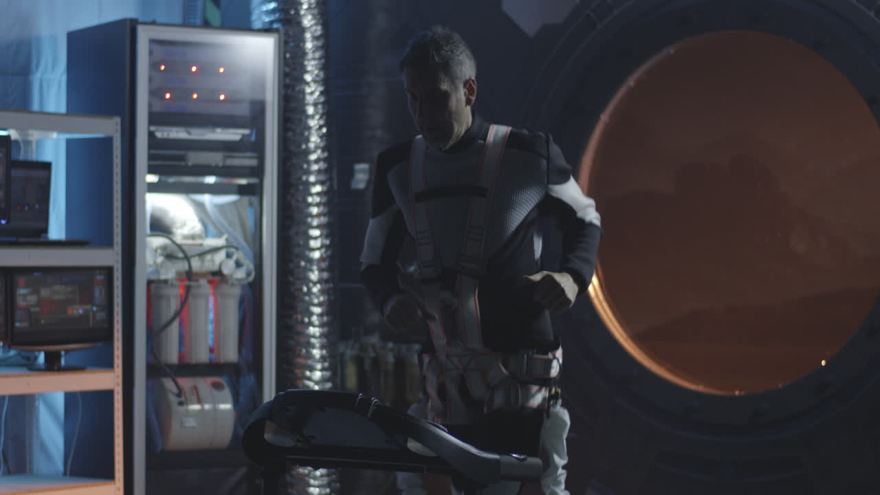 Astronaut Training on Treadmill in Space Station