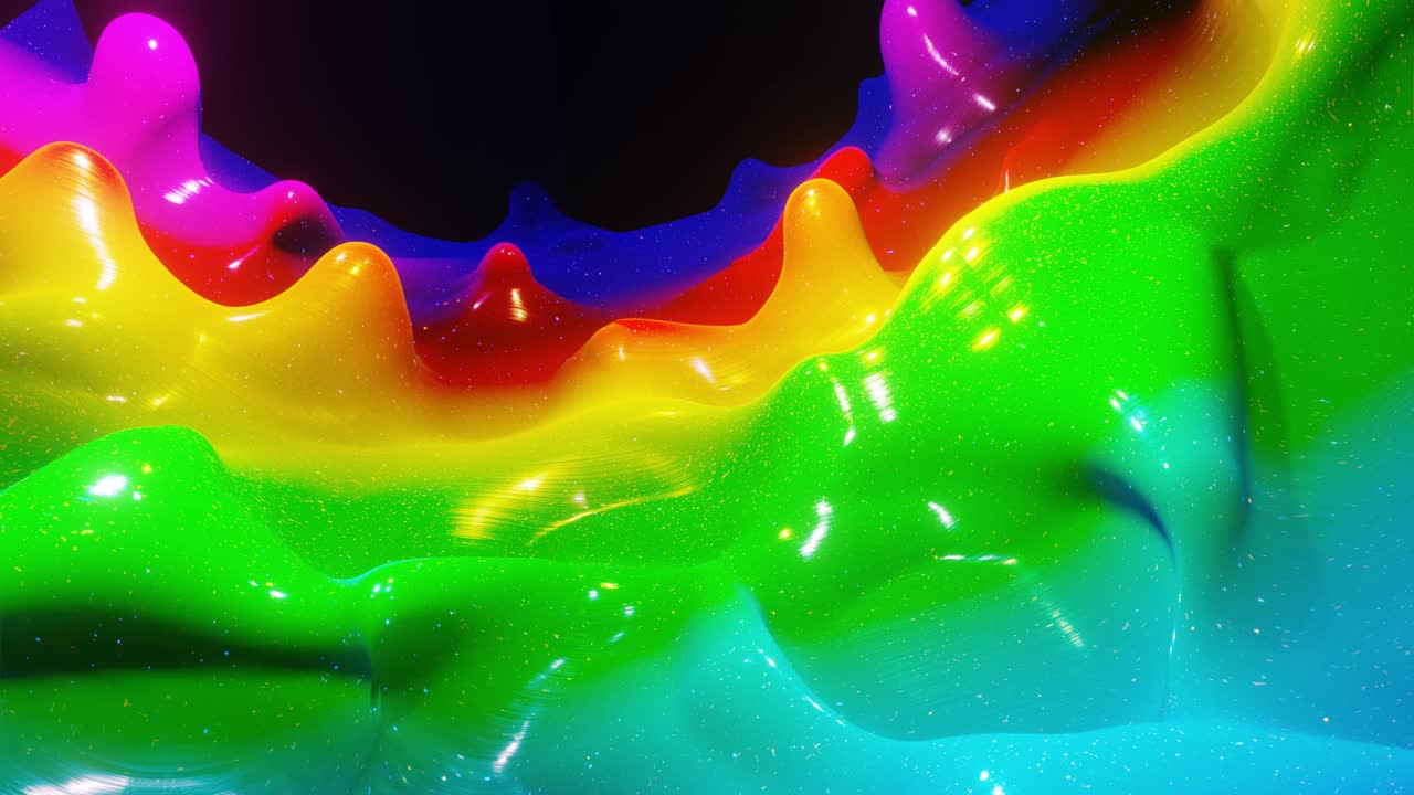 4k에서 액체 그라디언트 무지개 색의 부드러운 추상 애니메이션, 추상적인 루프 축제 배경으로 밝은 반이는 페인트 표면, 물방울처럼 표면에 3d 스플래시와 함께 점성 액체에 반이는.