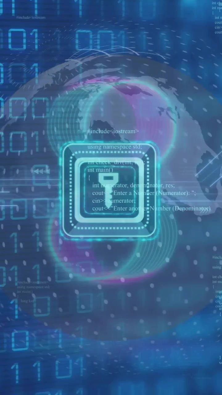 Animation of padlock icon over binary coding data processing