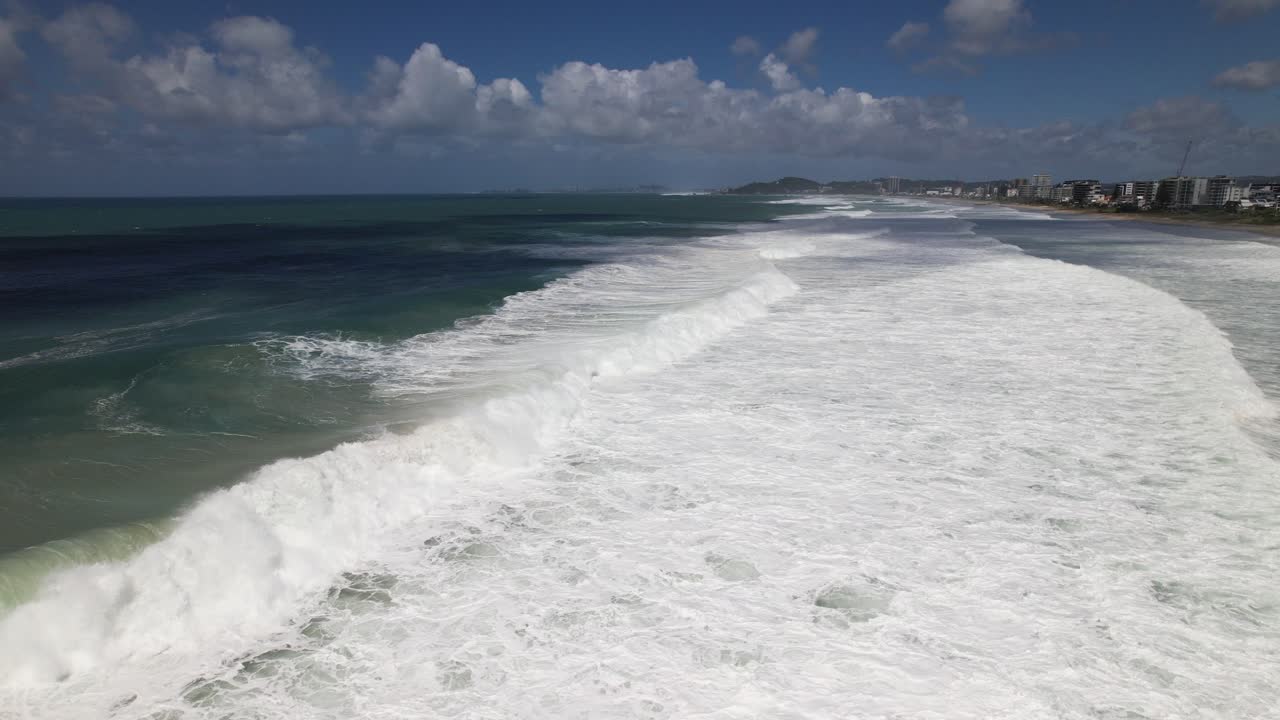 Seascape With White Waves In Summer At Palm Beach In Gold Coast, QLD, Australia. aerial panning shot