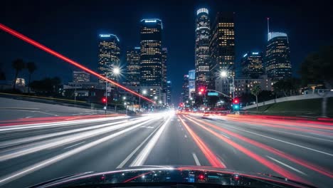 night drive through a downtown cityscape