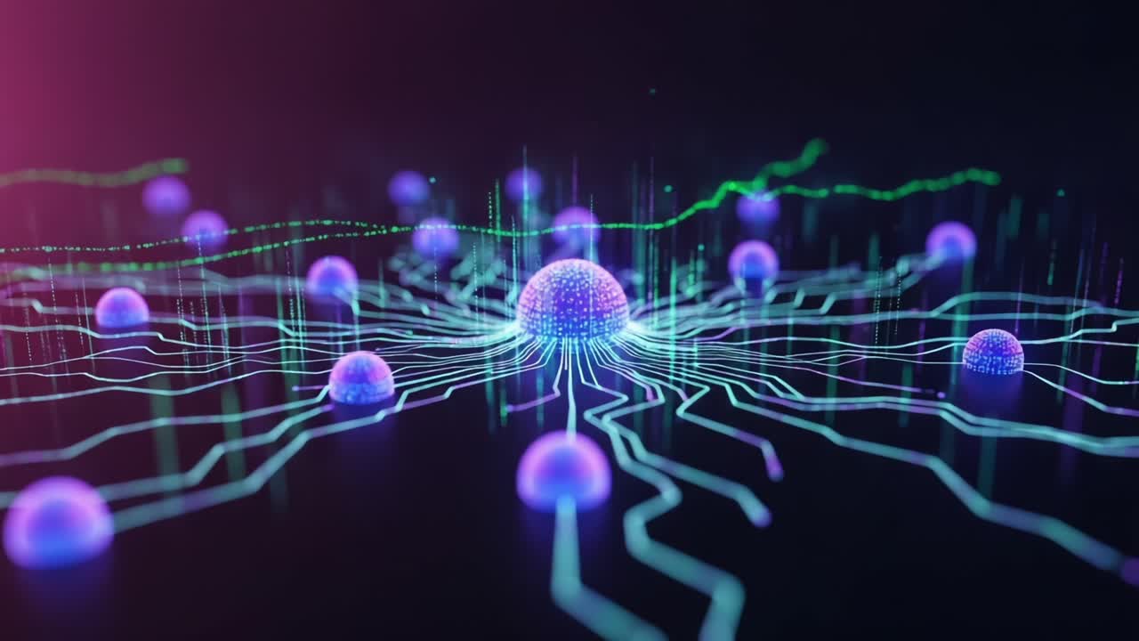 A Vibrant Visualization of Connected Spheres Emitting Energy, Depicting a Network of Pulsating Nodes and Glowing Lines in a Dark Background