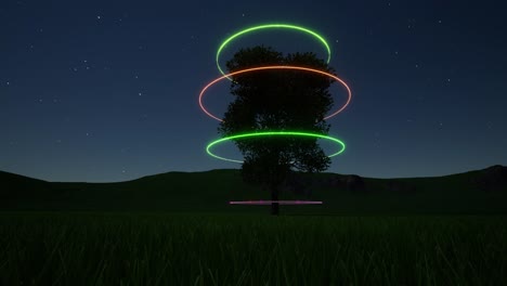 fantasy future landscape neon tree. neon circle. science fiction. starry night sky. 4k
