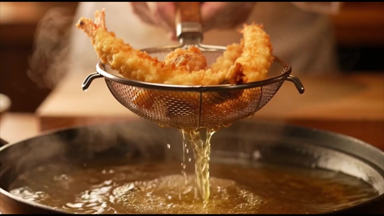 Chef che toglie gamberi fritti croccanti dall'olio bollente