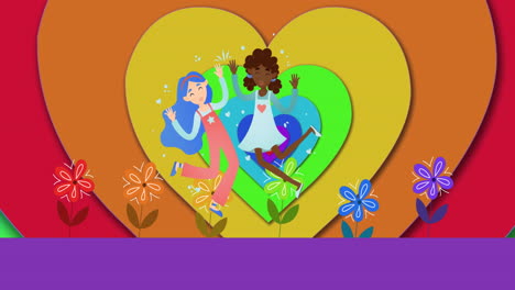 animación de una pareja de mujeres homosexuales sobre el fondo del corazón arco iris