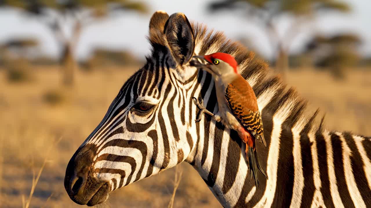 Zebra with a Bird Perched on its Head