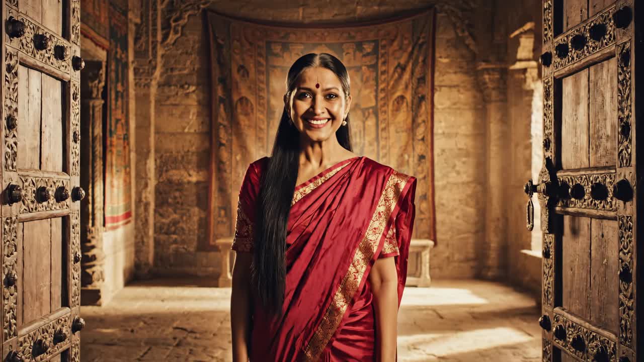 Woman in Sari at Temple Doorway