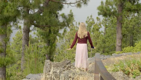 Princess-of-fairytale-walking-in-nature-with-birds-fly-around,-back-view