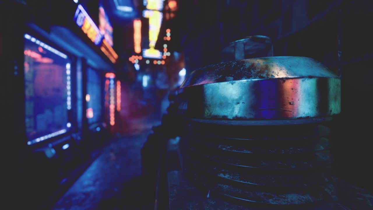 Urban alley at night illuminated by neon lights