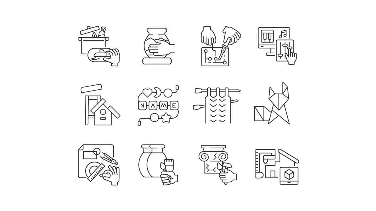 Collection of Animated Line Icons for Hobbies and Creative Activities