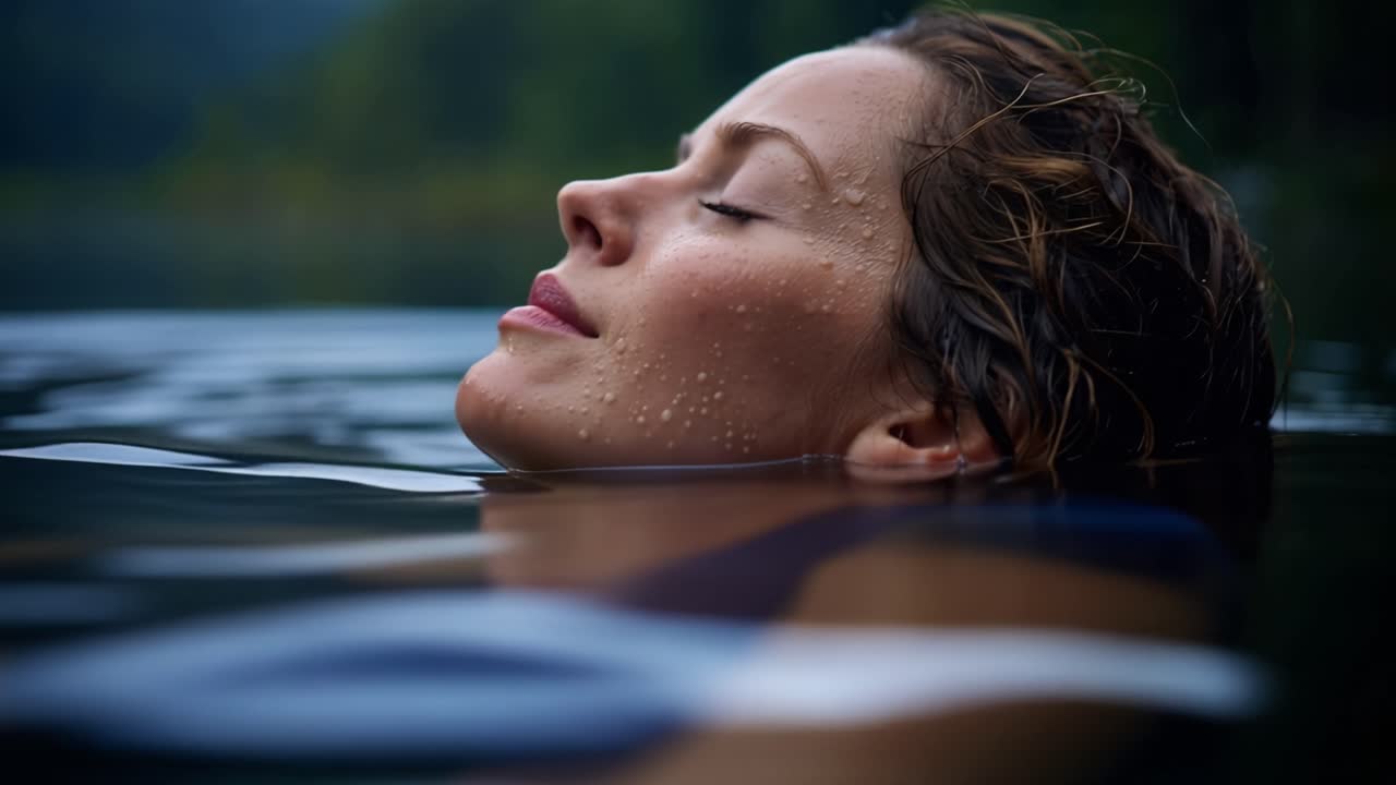 Une femme flotte paisiblement dans une eau calme. Ses yeux sont clos, son expression sereine, sa peau scintille de gouttelettes. Ses cheveux foncés flottent doucement autour de ses épaules. Une forêt lointaine se reflète délicatement à la surface.