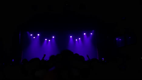 Crowd enjoying live music performance with vibrant purple lights illuminating the stage atmosphere