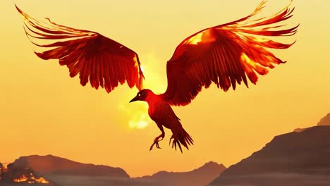 majestic phoenix bird soars with glowing wings against a backdrop of a fiery sunset sky, embodying strength and freedom